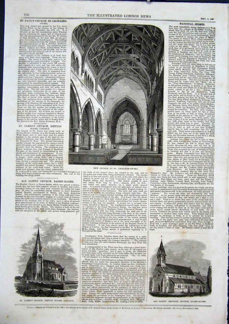 Old Antique Print Leonards-On-Sea Church Denton Home Carlisle Baden 1868 19th