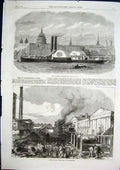 Original Old Antique Print Fire Engine Floating Ship Boat Southampton Dock Fire