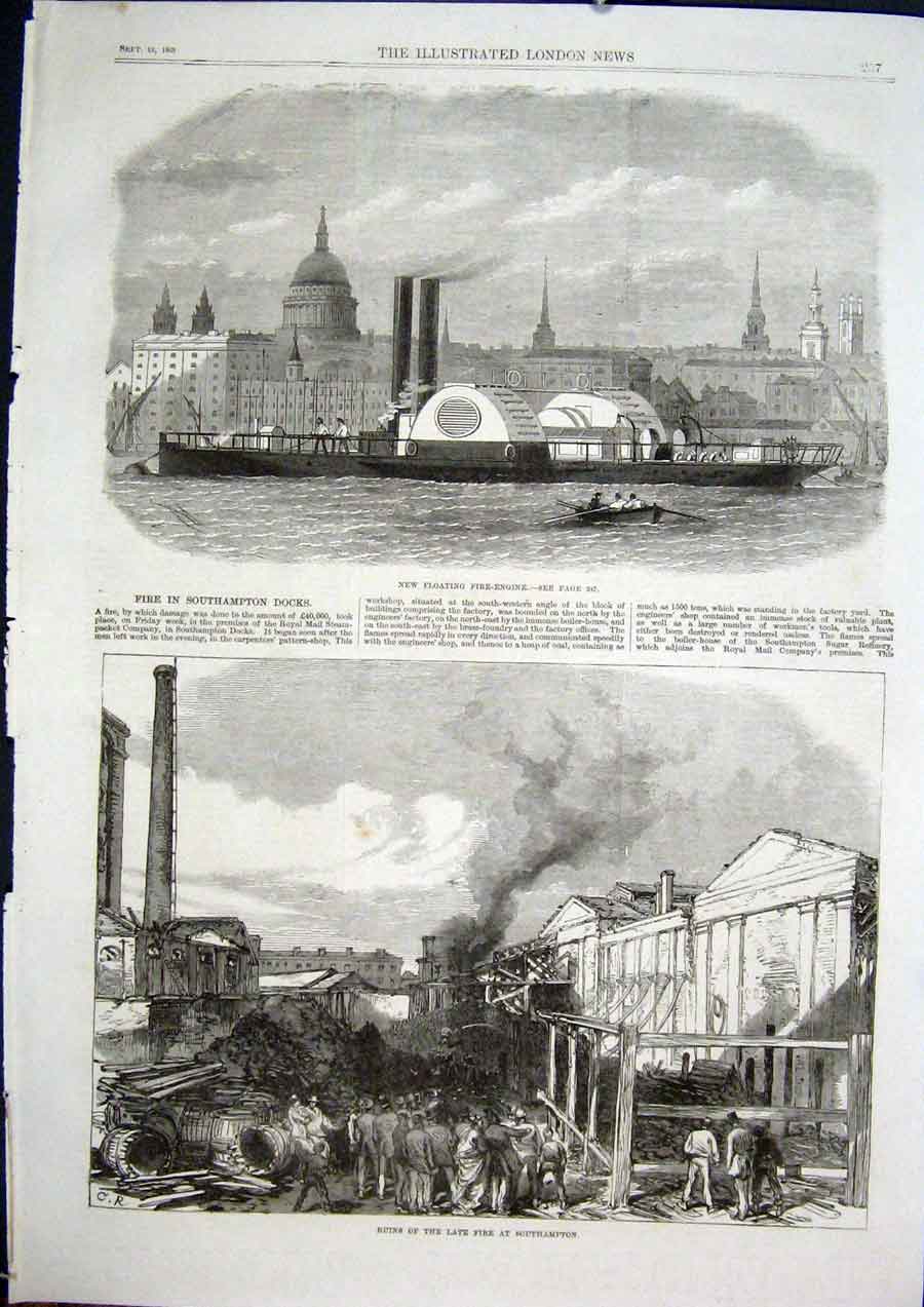 Original Old Antique Print Fire Engine Floating Ship Boat Southampton Dock Fire