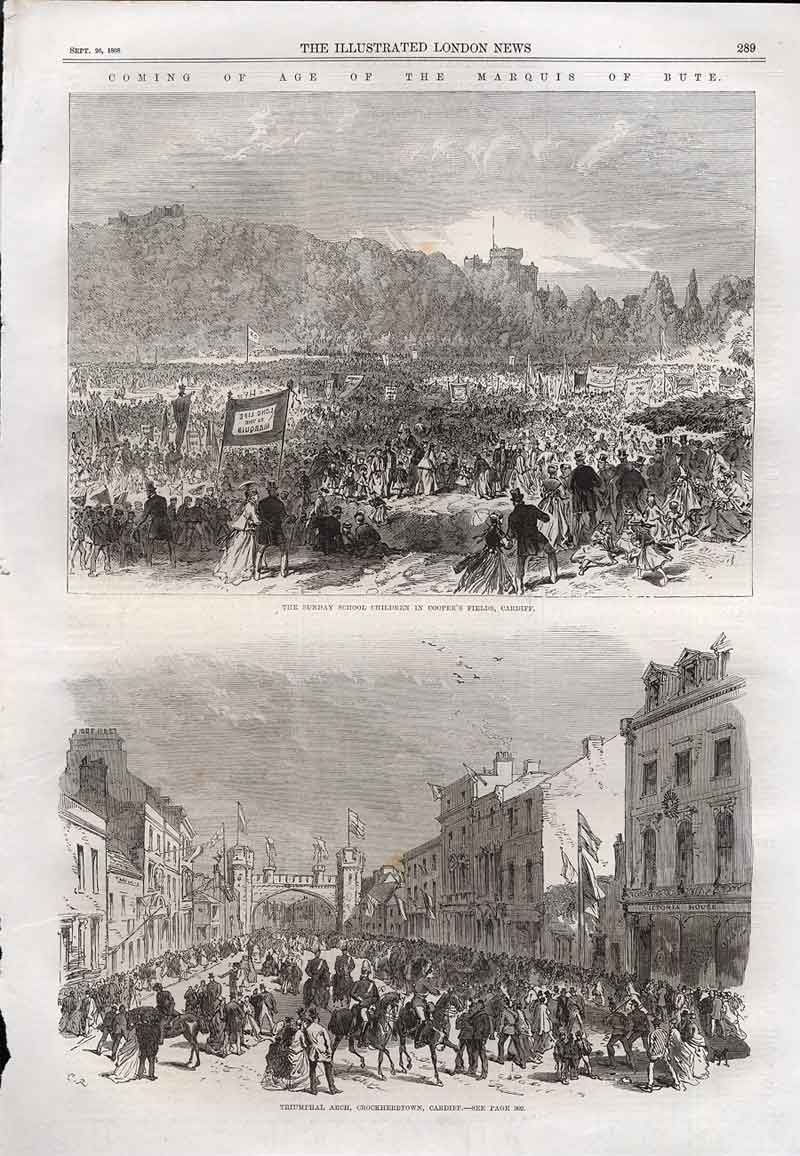 Old Antique Print Marquis Bute Cooper'S Fields Cardiff Crockherbtown Arch