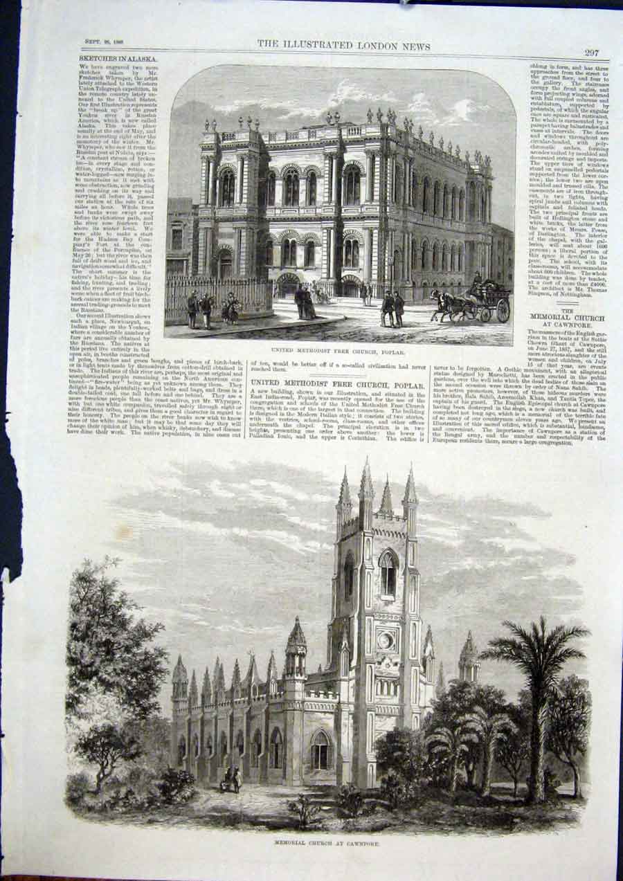Original Old Antique Print Poplar Methodist Church Memorial Cawnpore 1868 19th