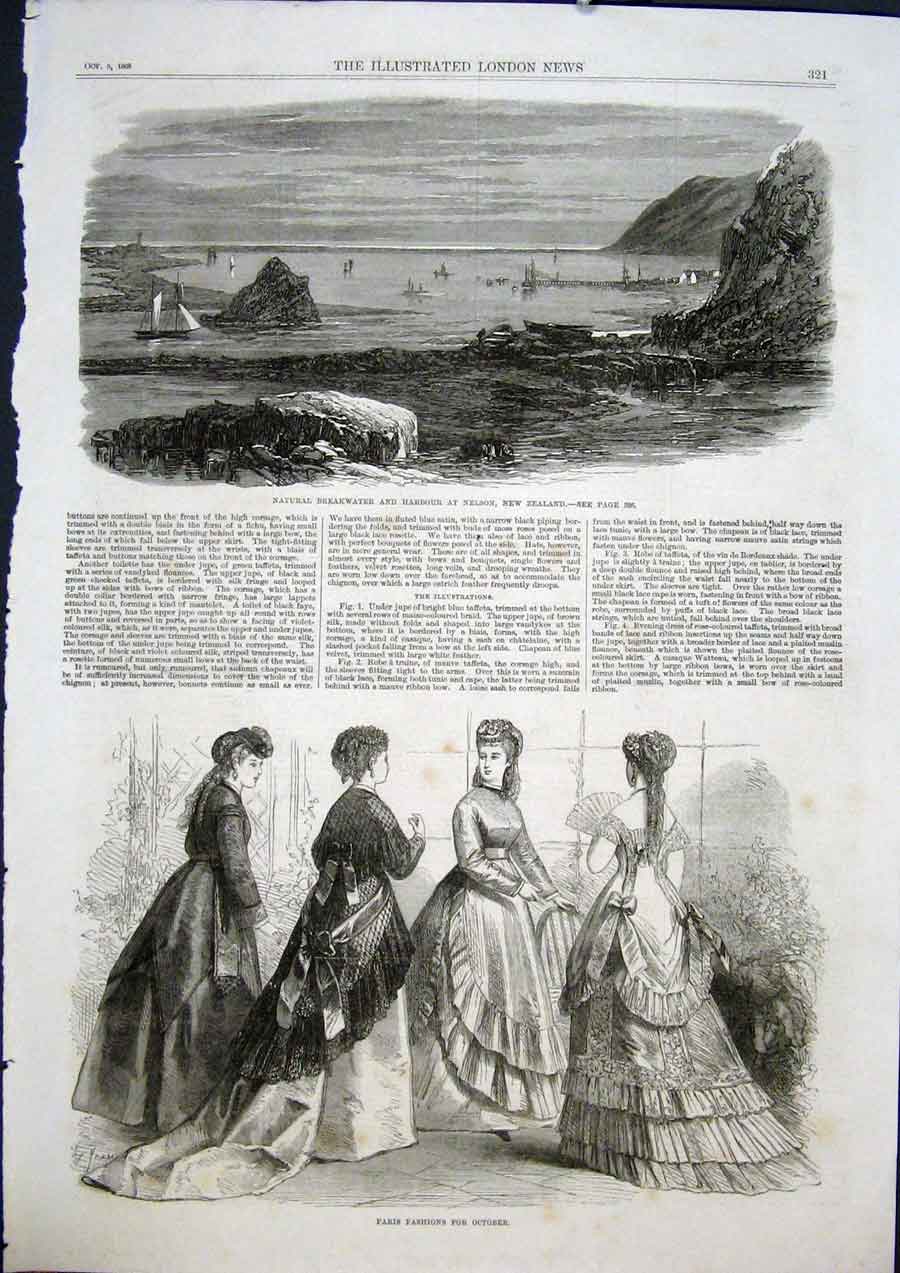Original Old Antique Print Nelson Zealand Harbour Breakwater Paris Fashion 1868