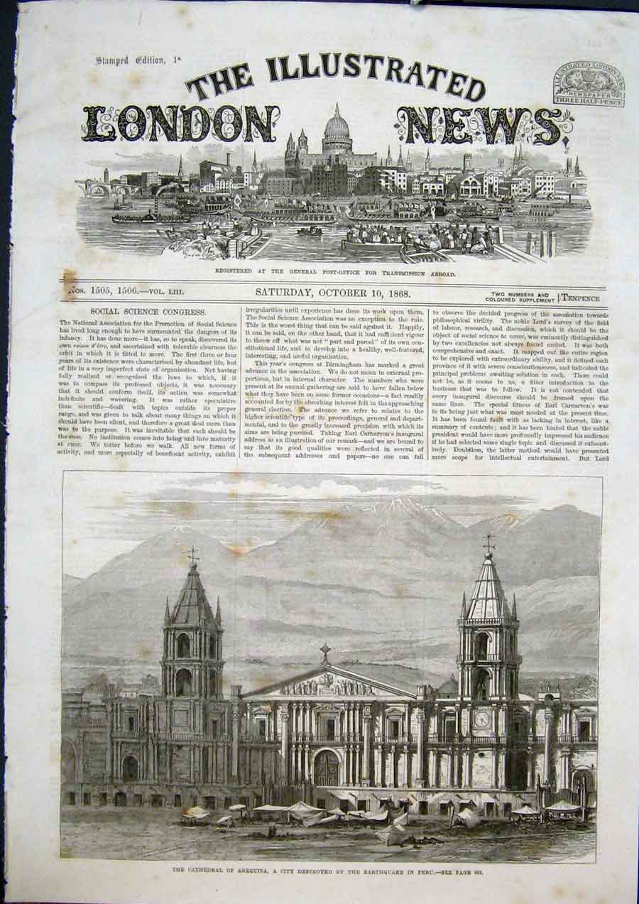 Original Old Antique Print Cathedral Arequipa Earthquake Peru City 1868 19th