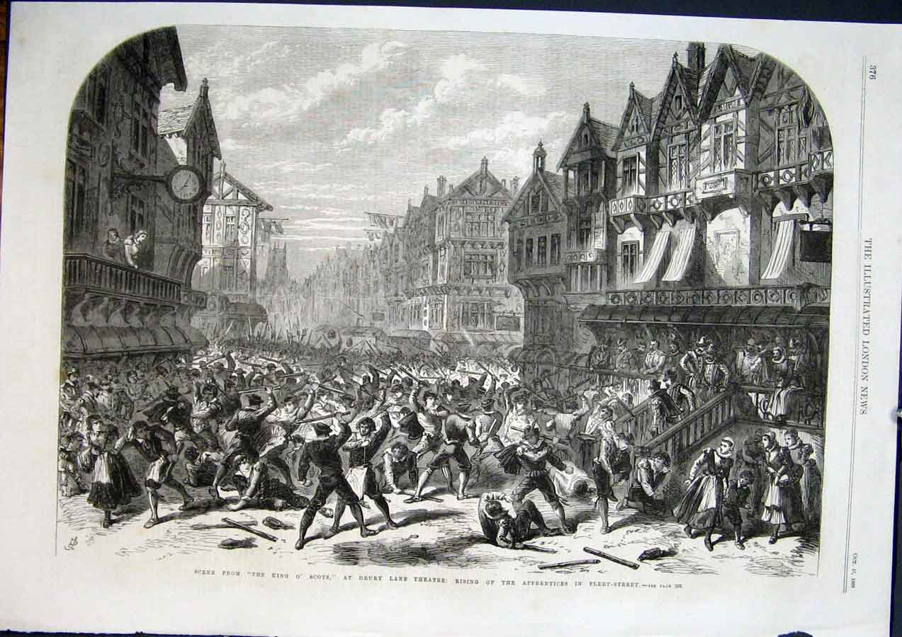 Original Old Antique Print Drury Lane Theatre London Apprentices Fleet Street