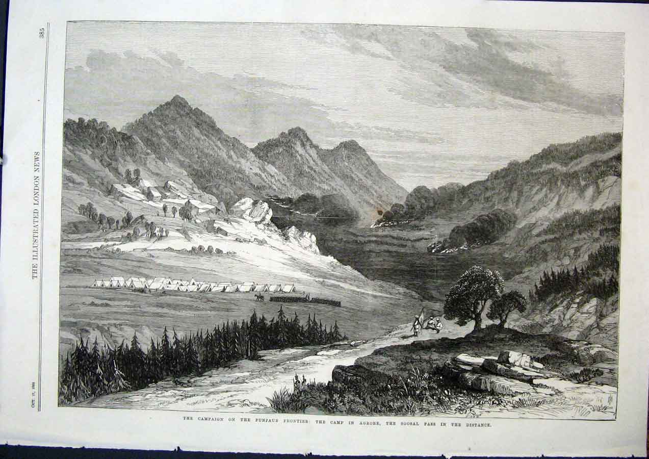 Old Antique Print Punjaub Frontier Agrore Soosal Pass Camp Campaign 1868 19th