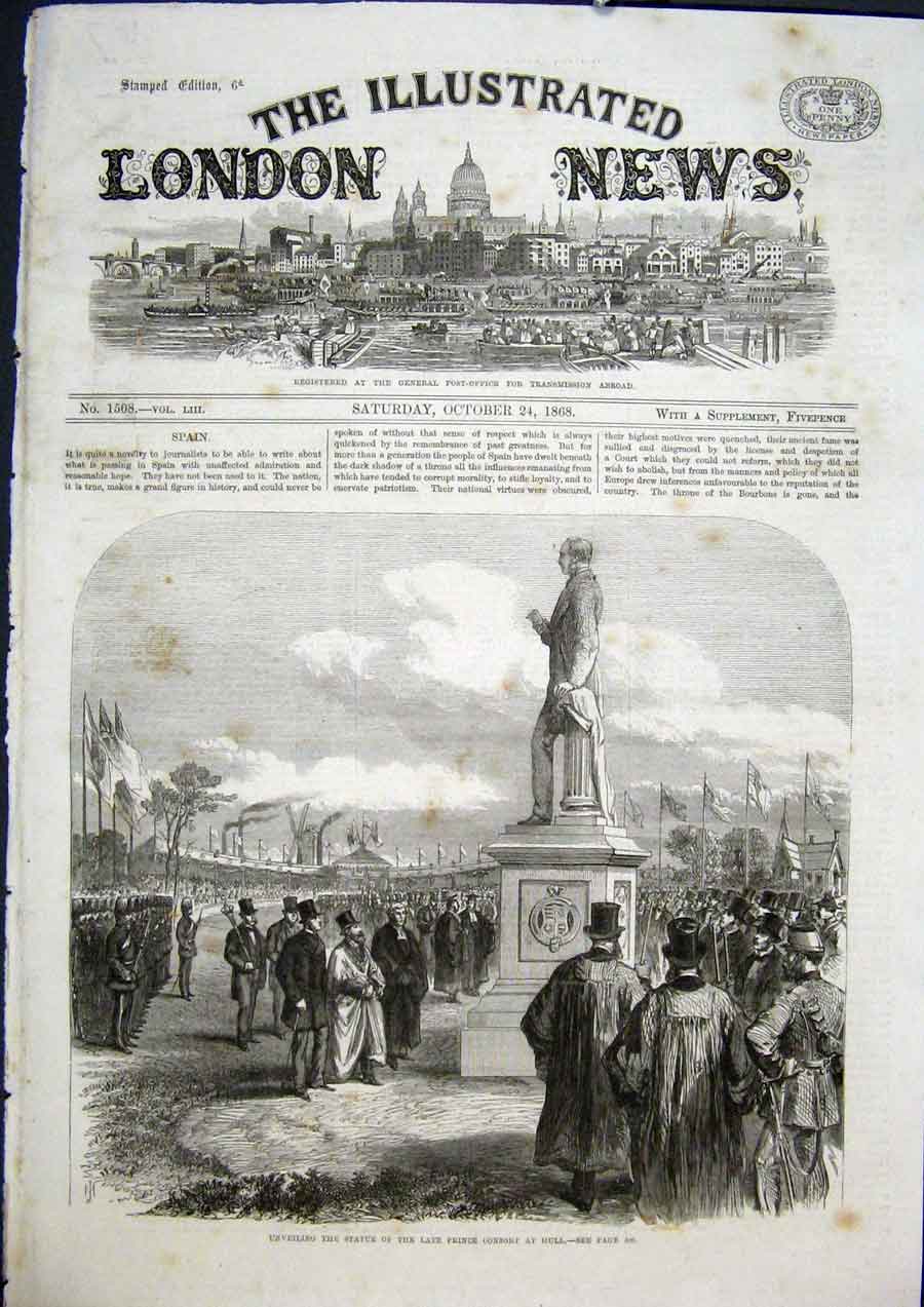 Original Old Antique Print Statue Prince Consort Hull 1868 19th
