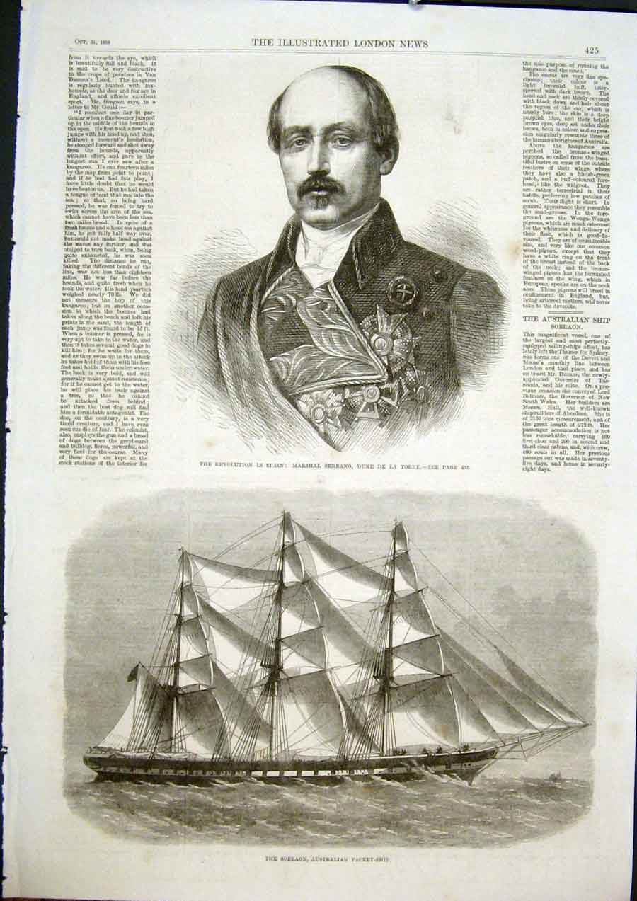 Original Old Antique Print Spain Serrano Portrait Sobraon Australian Packet Ship