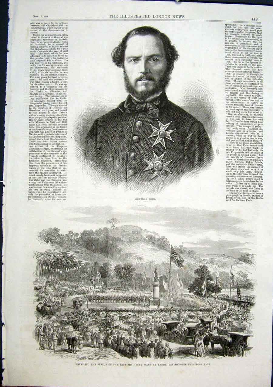 Original Old Antique Print Portrait Prim Statue Ward Kandy Ceylon India 1868