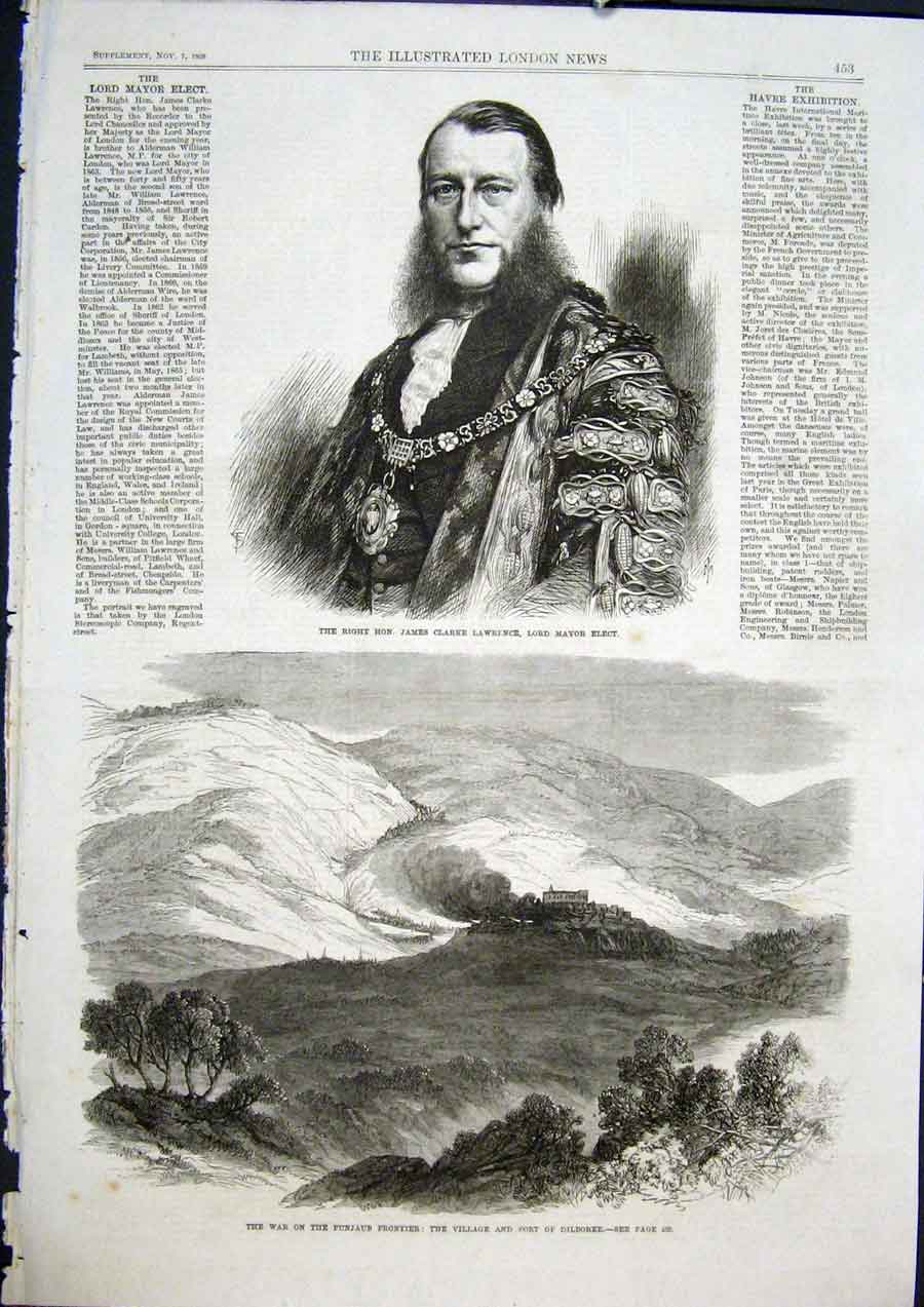 Old Antique Print Portrait Lawrence Mayor Punjaub Dilboree Village India