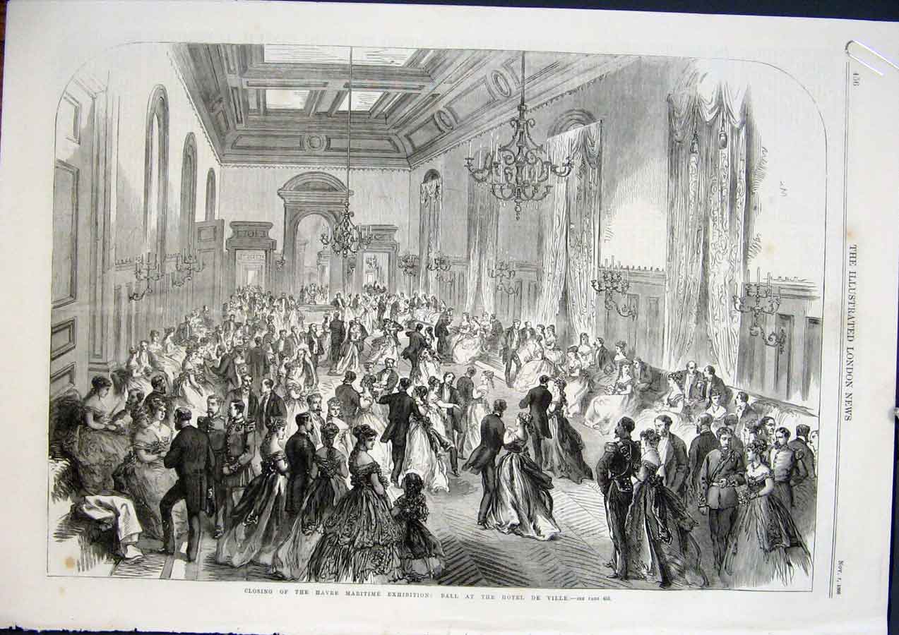 Old Antique Print Havre Maritime Ball Hotel Ville Awards Beaux Arts 1868 19th