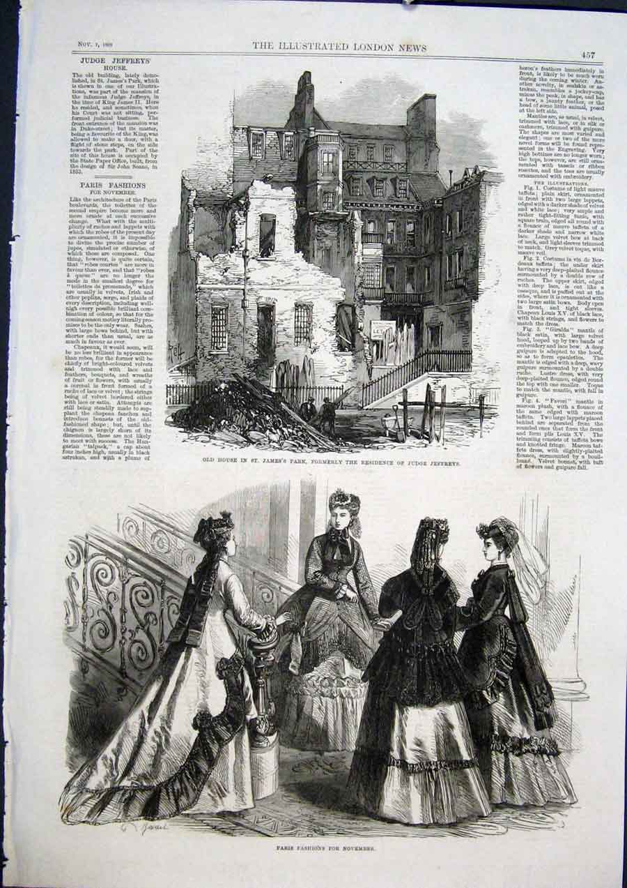 Original Old Antique Print Judge Jeffreys Jame'S Park London Paris Fashions 1868