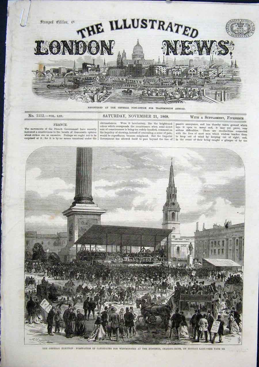 Old Antique Print Westminster Hustings Charing Cross Voters Election Poll