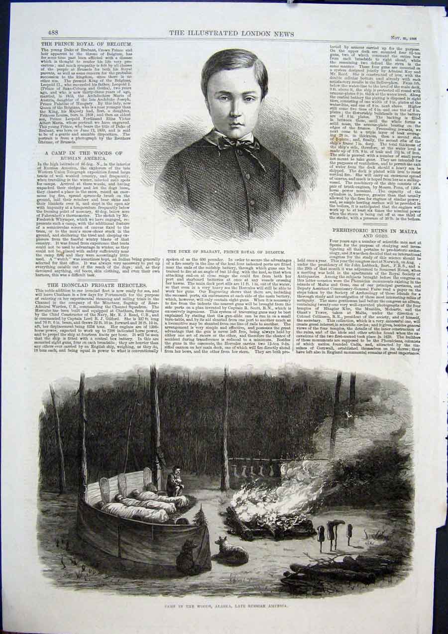 Original Old Antique Print Duke Brabant Belgium Camp Woods Alaska 1868 Victorian
