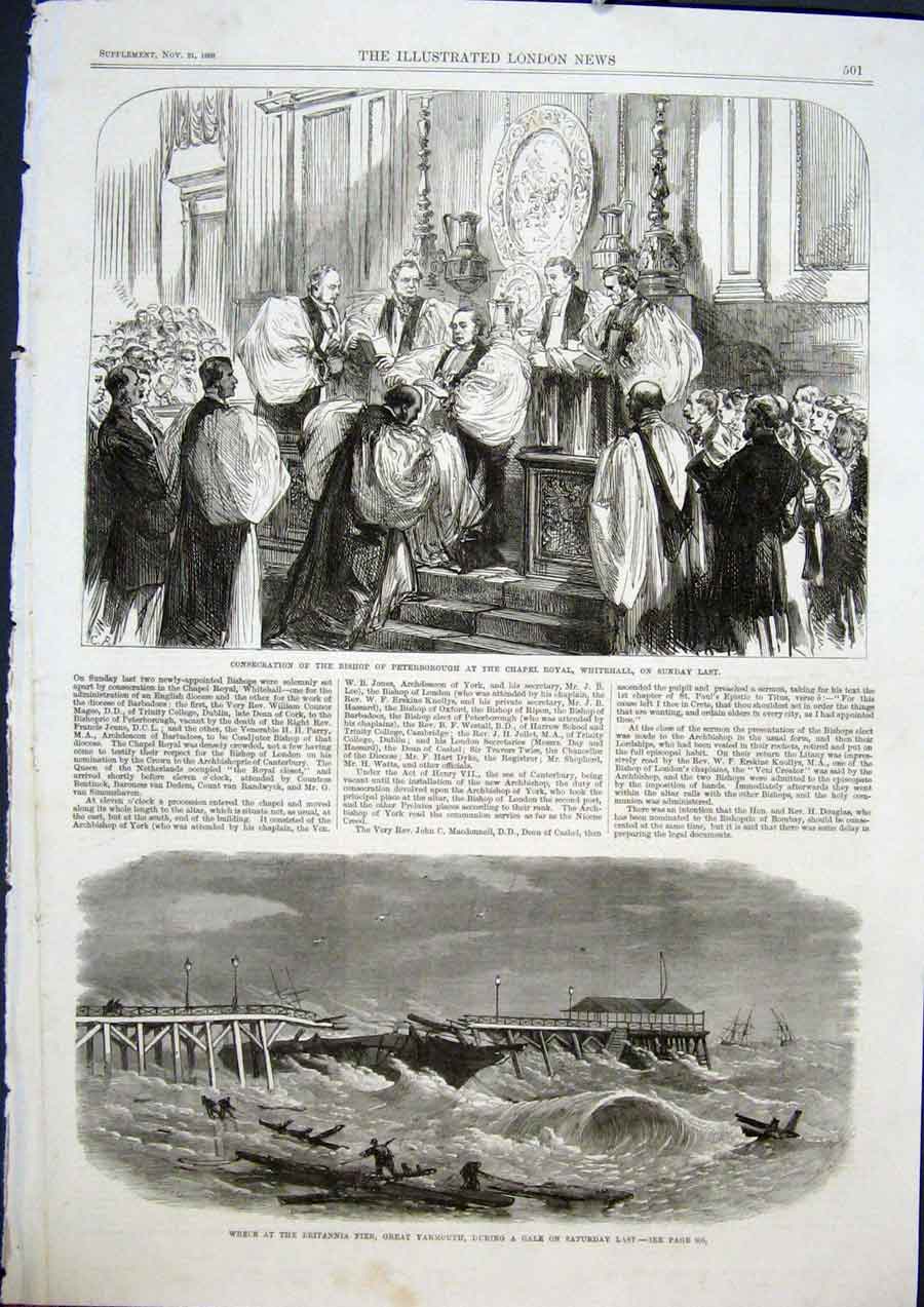 Old Antique Print Bishop Peterborough Whitehall Wreck Britannia Pier 1868 19th