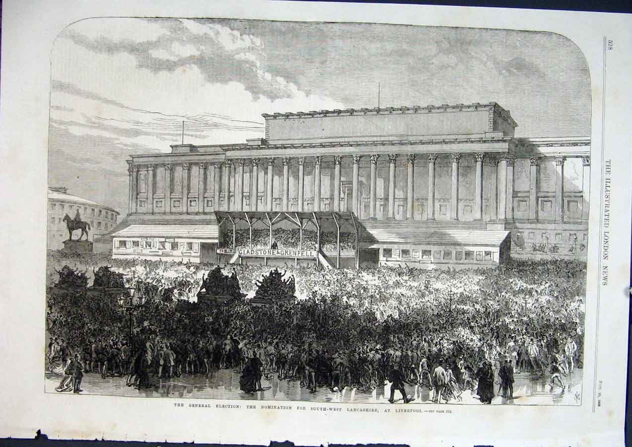 Original Old Antique Print Lancashire Election Liverpool Nomination 1868 19th