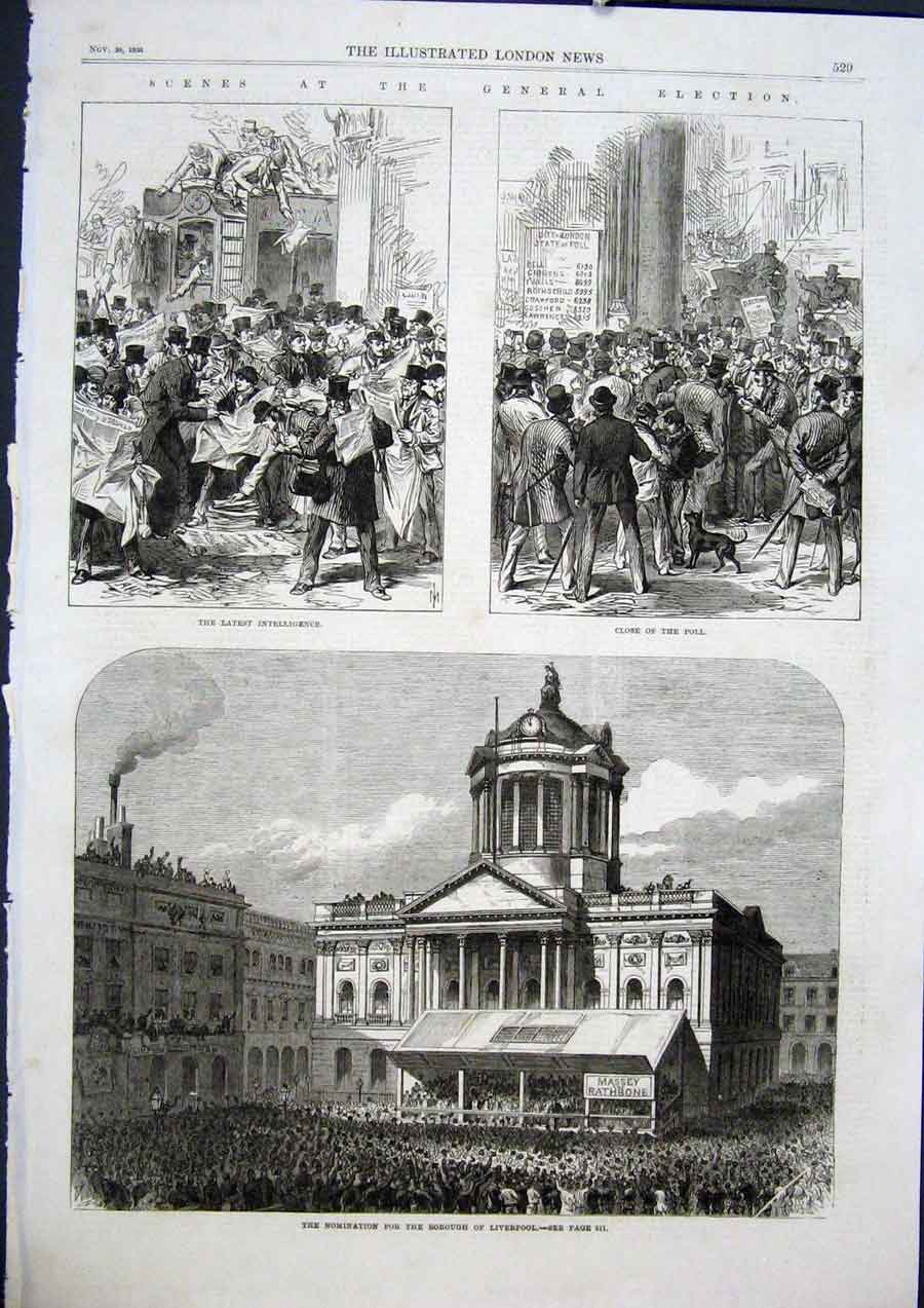 Original Old Antique Print Election Poll Liverpool Borough Nomination 1868 19th