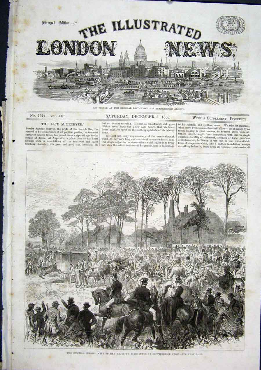 Original Old Antique Print Shottesbrook Farm Staghounds Hunt Royal 1868 19th