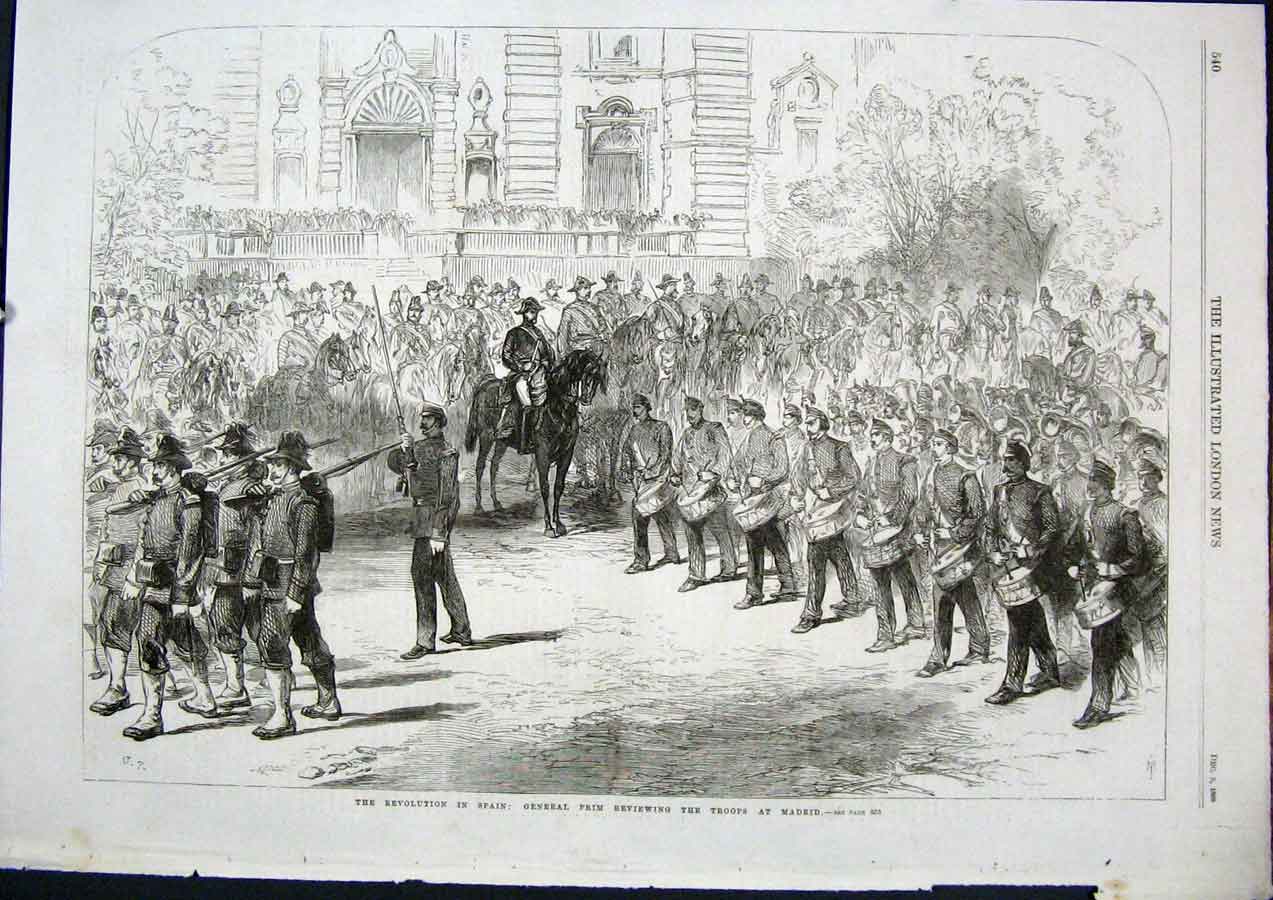Original Old Antique Print Revolution Spain Prim Troops Madrid Review 1868 19th