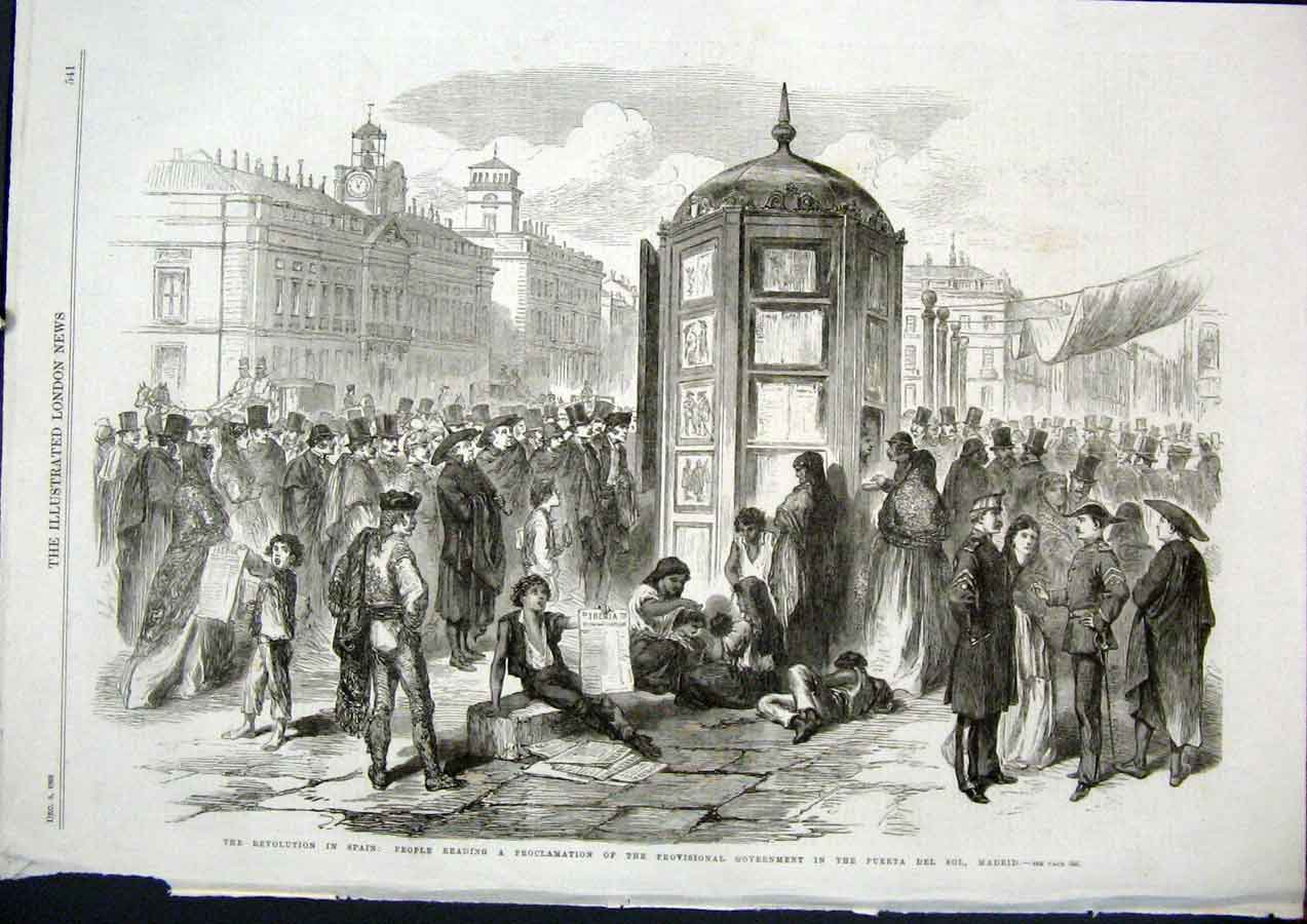 Original Old Antique Print Revolution Spain Madrid Puerta Sol Proclamation 1868