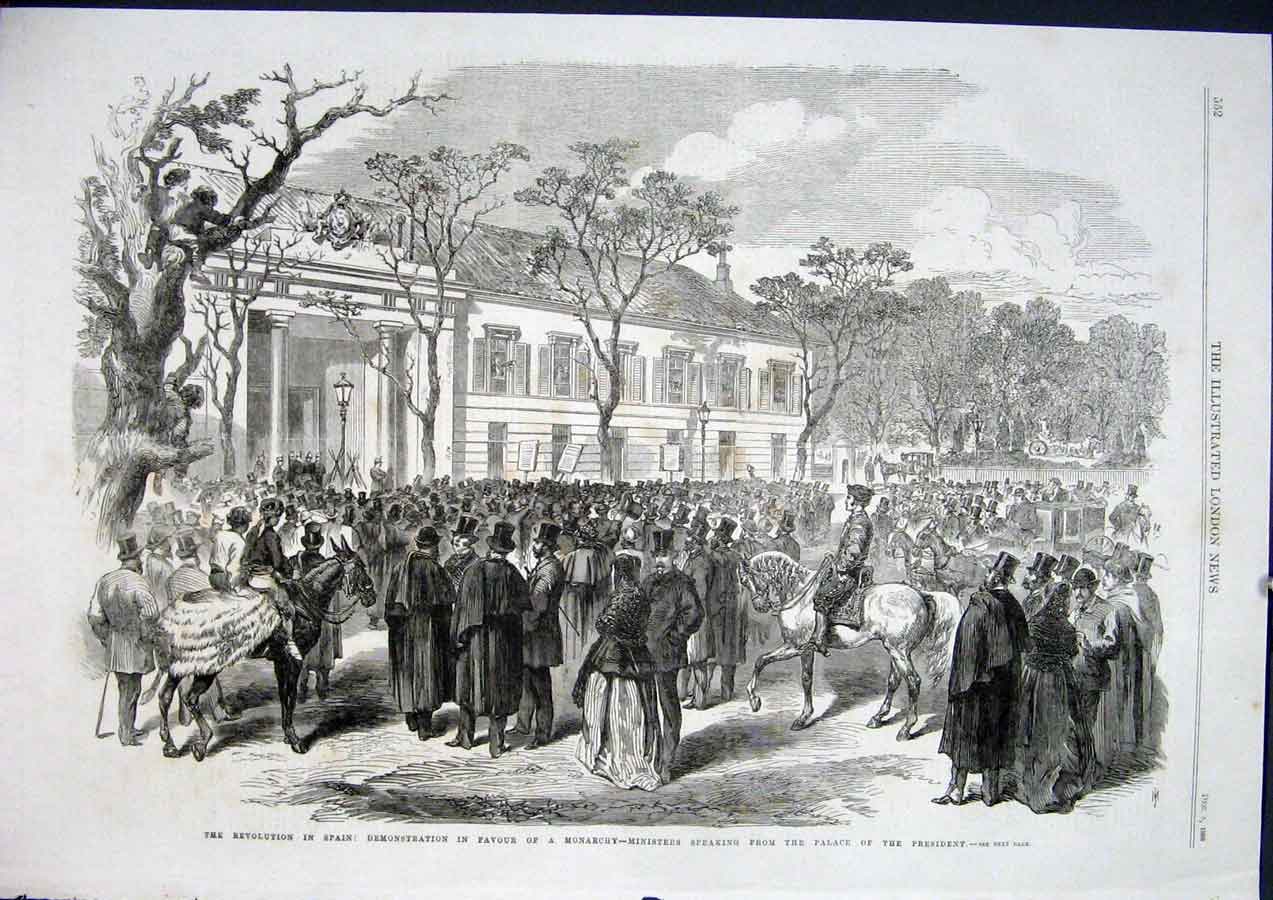 Original Old Antique Print Revolution Spain Monarchy President Madrid 1868 19th