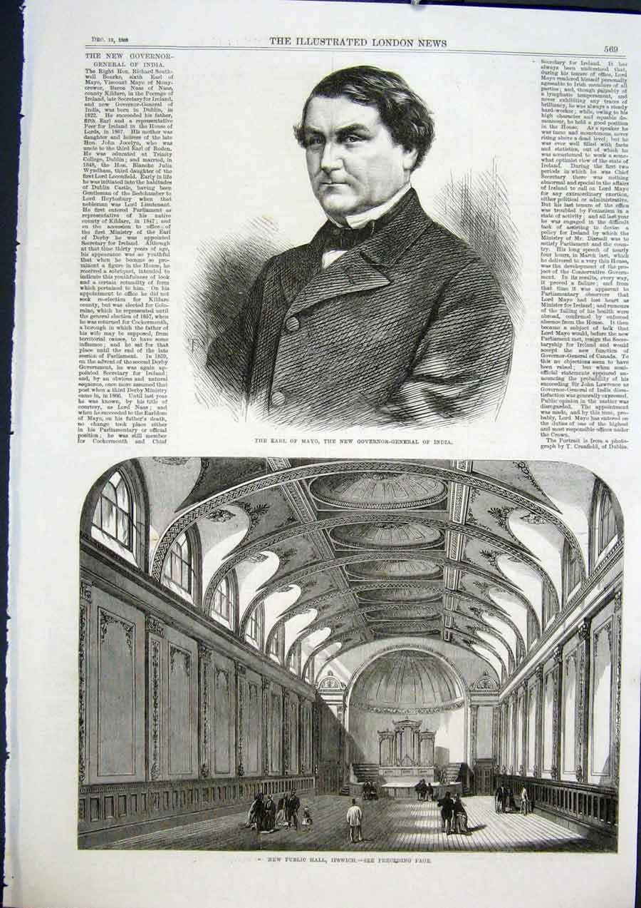 Original Old Antique Print Mayo Earl Governor India Public Hall Ipswich 1868