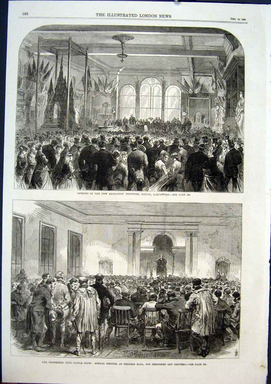 Old Antique Print Bolton Lancashire Berners Herdsmen Drovers Cattle Show