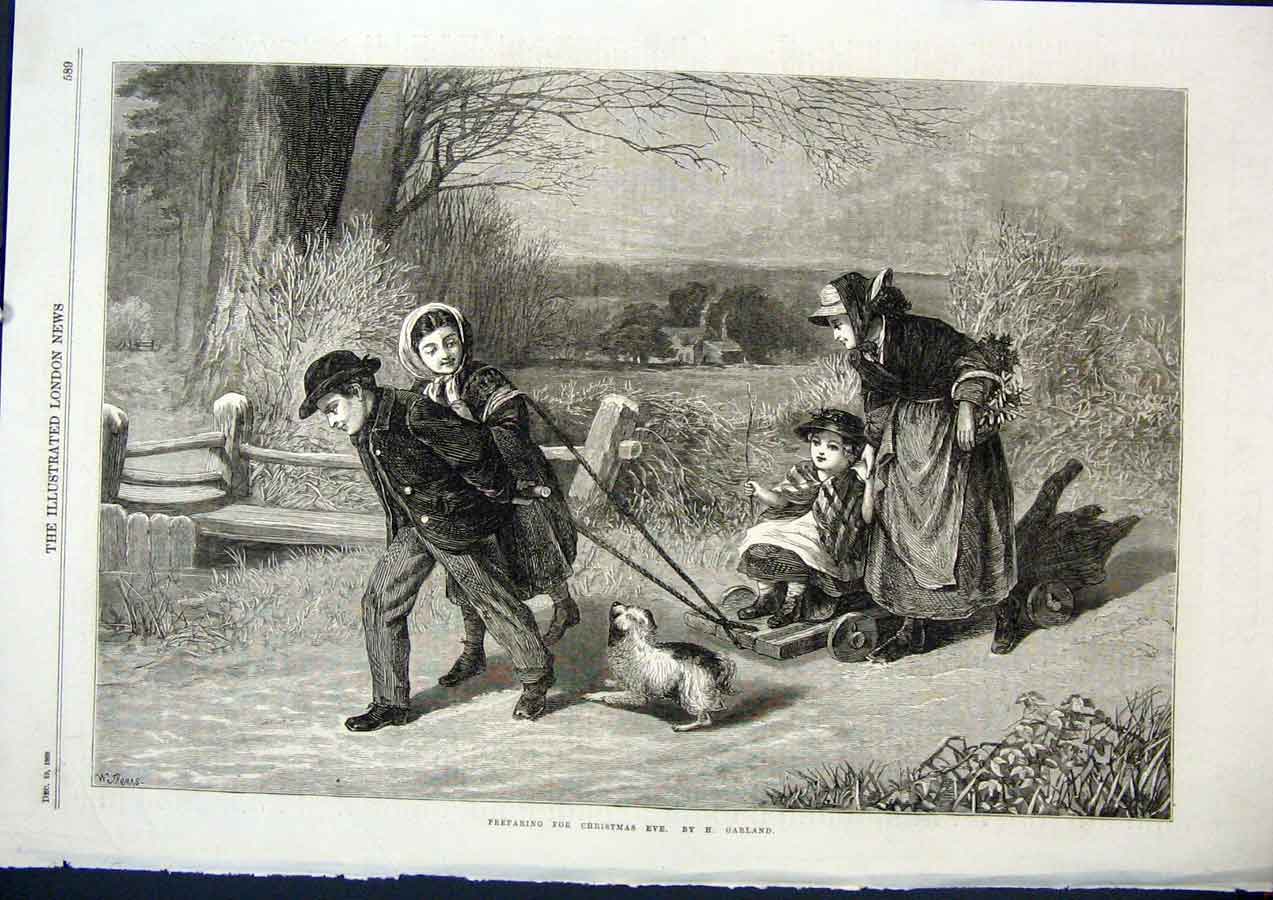 Original Old Antique Print Christmas Eve Garland Dog Children Fine Art 1868 19th