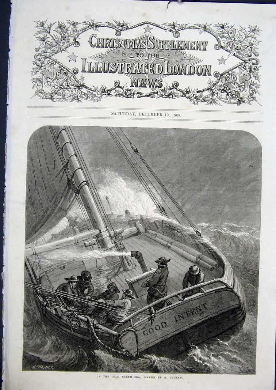 Original Old Antique Print CNorth Sea Boat Ship Duncan Fine Art 1868 Victorian