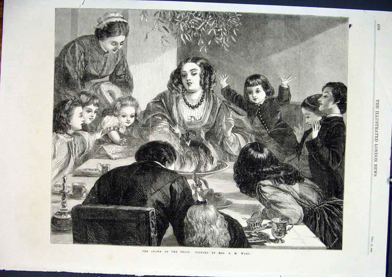 Original Old Antique Print Crown Feast Ward Dinner Christmas Fine Art 1868 19th