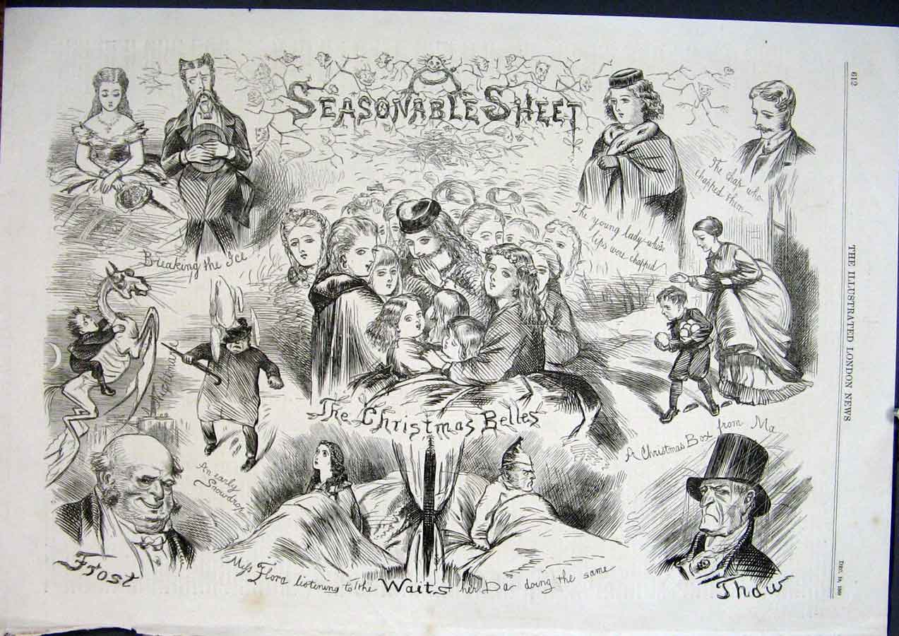 Original Old Antique Print Christmas Sketch Season Fine Art 1868 19th