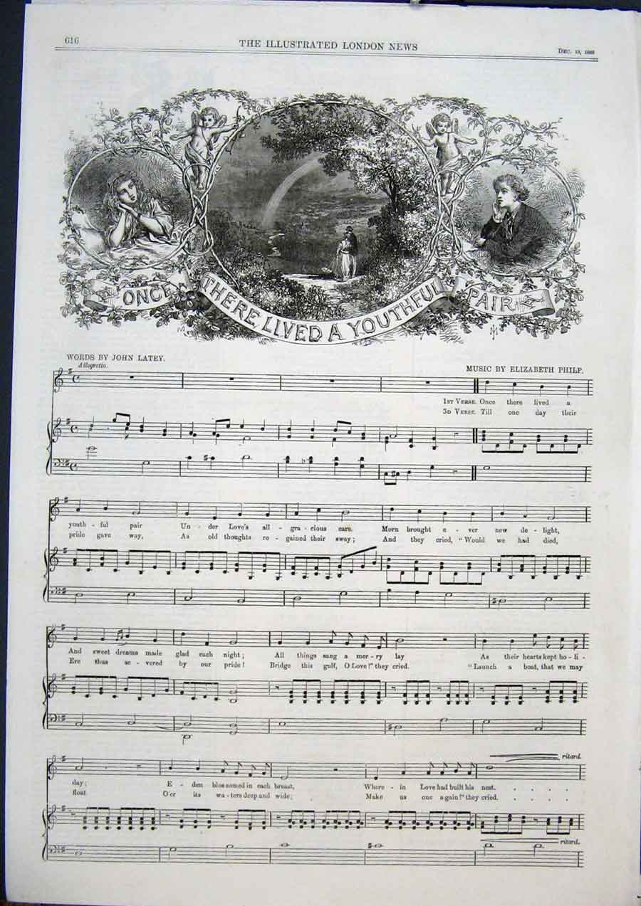 Old Antique Print Music Score Sheet Latey Philp Youthful Pair Tune Words