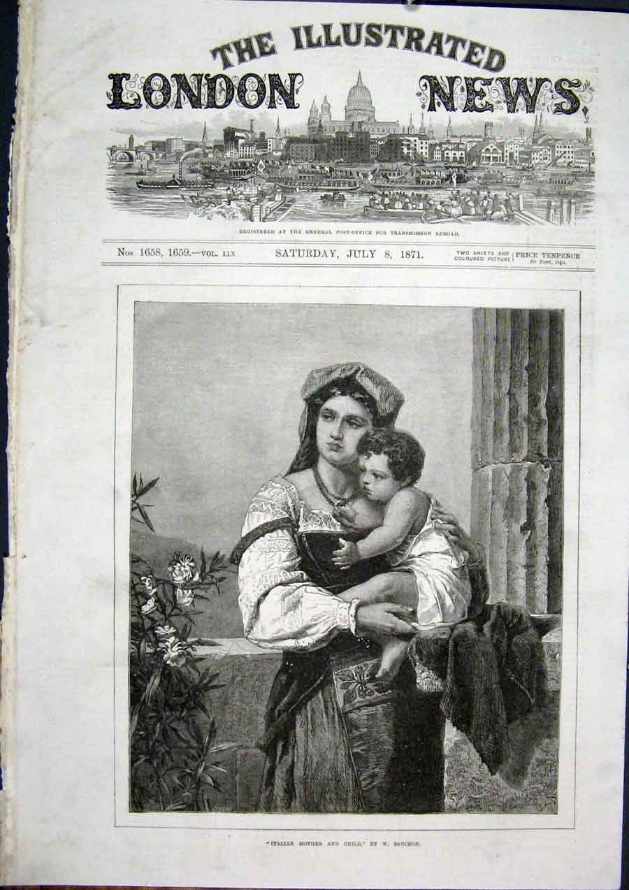 Original Old Antique Print Italian Mother Child Sauchon Fine Art 1871 Victorian