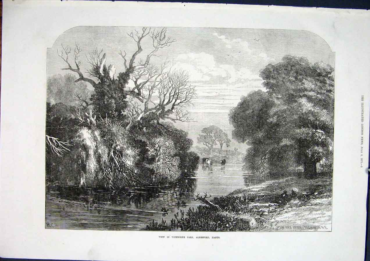 Original Old Antique Print Tichborne Park Alresford Hants England 1871 Victorian
