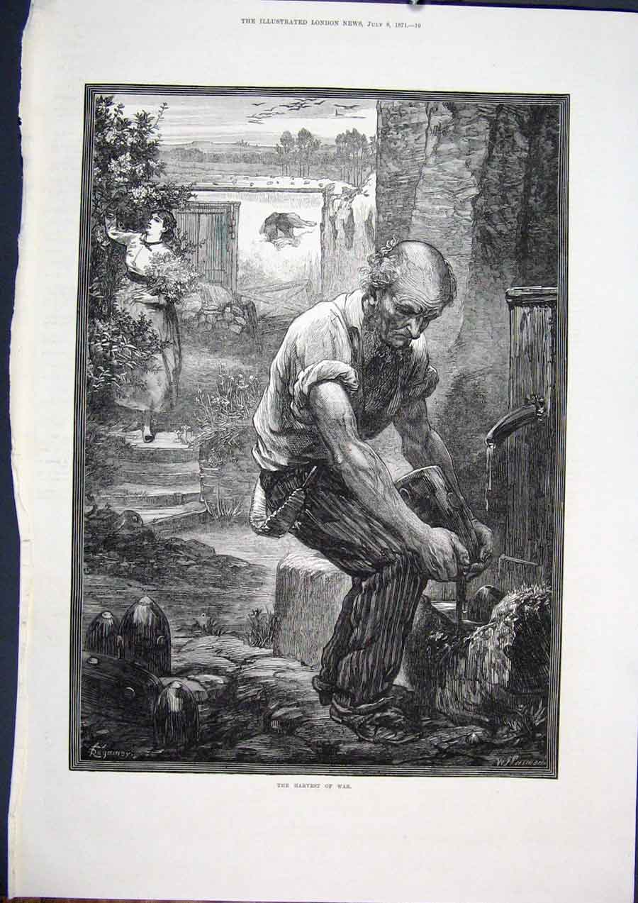 Original Old Antique Print War Harvest Fine Art 1871 19th Century