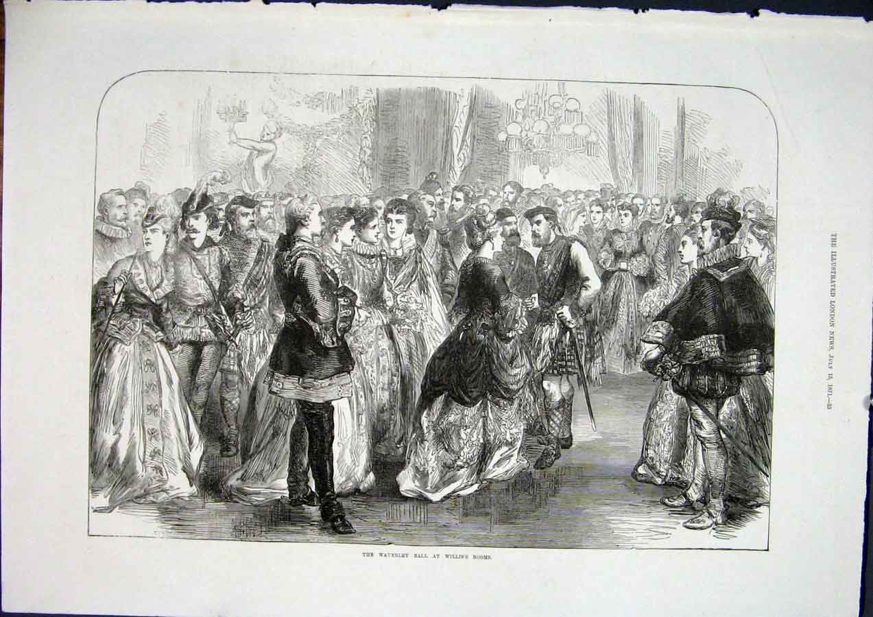 Original Old Antique Print Waverley Ball Willis'S Rooms London England 1871 19th