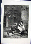 Original Old Antique Print Patient Frere Children Fine Art 1871 19th