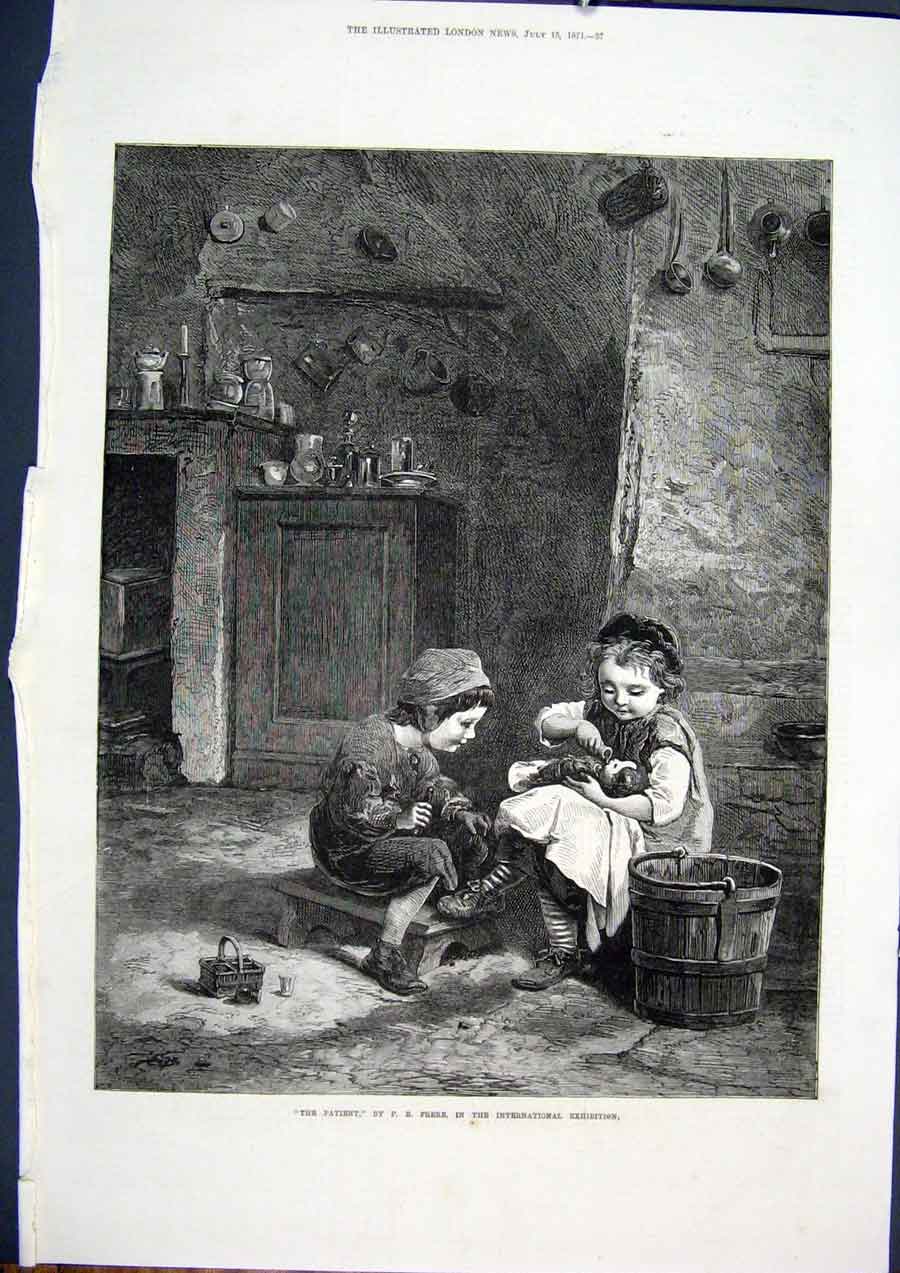 Original Old Antique Print Patient Frere Children Fine Art 1871 19th