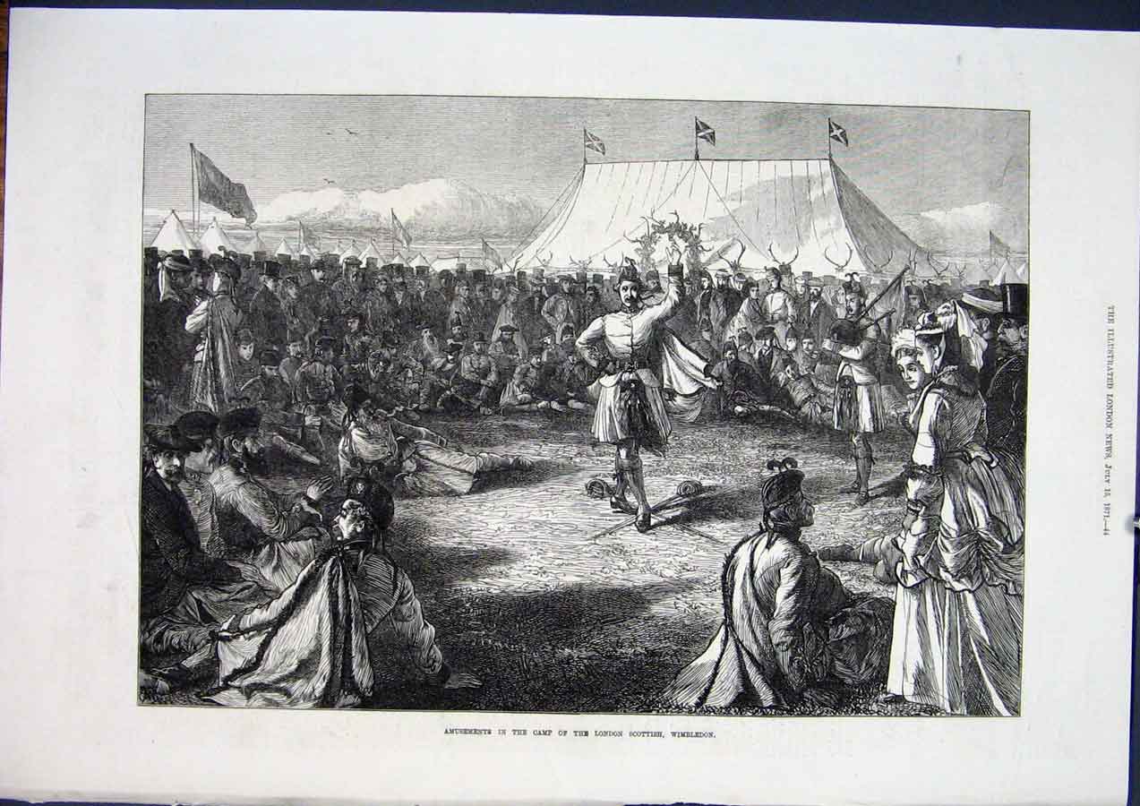 Original Old Antique Print London Scottish Wimbledon Camp Army 1871 Victorian