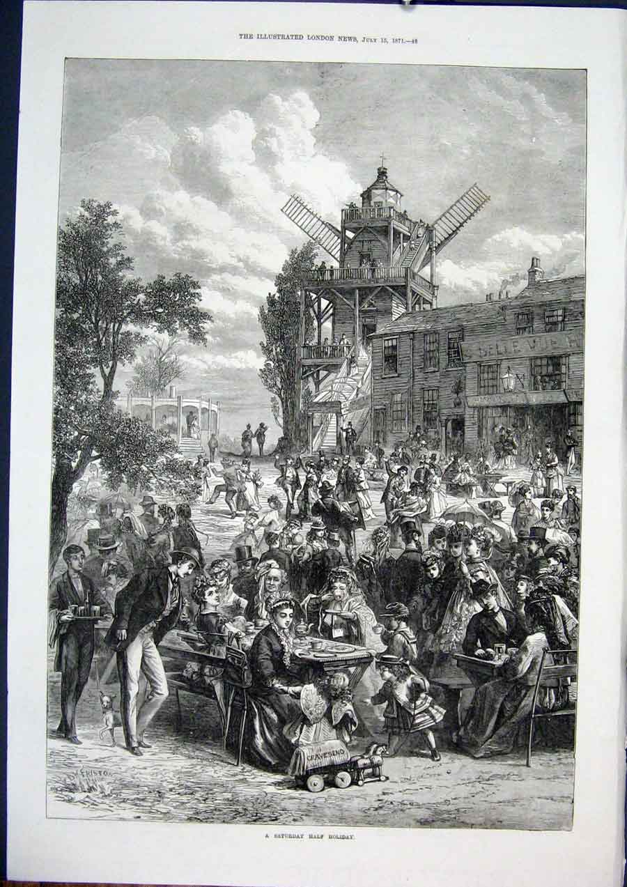 Original Old Antique Print Saturday Half Holiday England London 1871 Victorian
