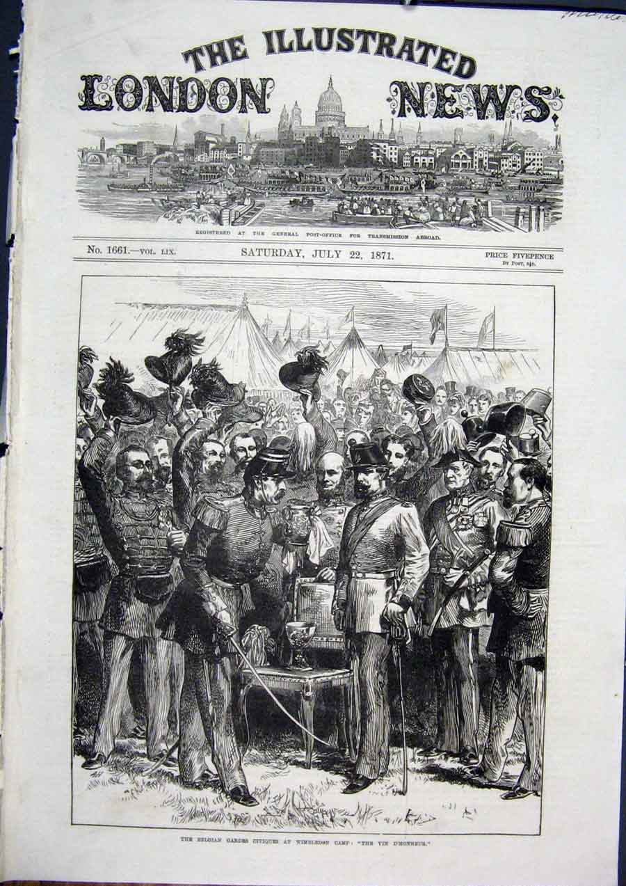 Original Old Antique Print Belgian Gardes Guards Wimbledon Camp War 1871 19th