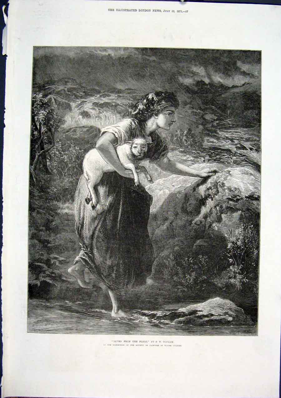 Original Old Antique Print Topham Flood Lamb Girl Fine Art 1871 19th