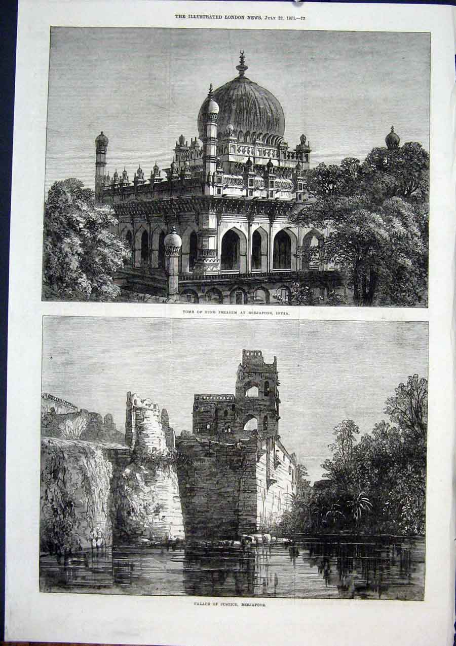 Original Old Antique Print Tomb Ibrahim Beejapoor India Palace Justice King 1871