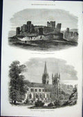 Original Old Antique Print Llandaff Cathedral Wales Caerphilly Castle Archeology