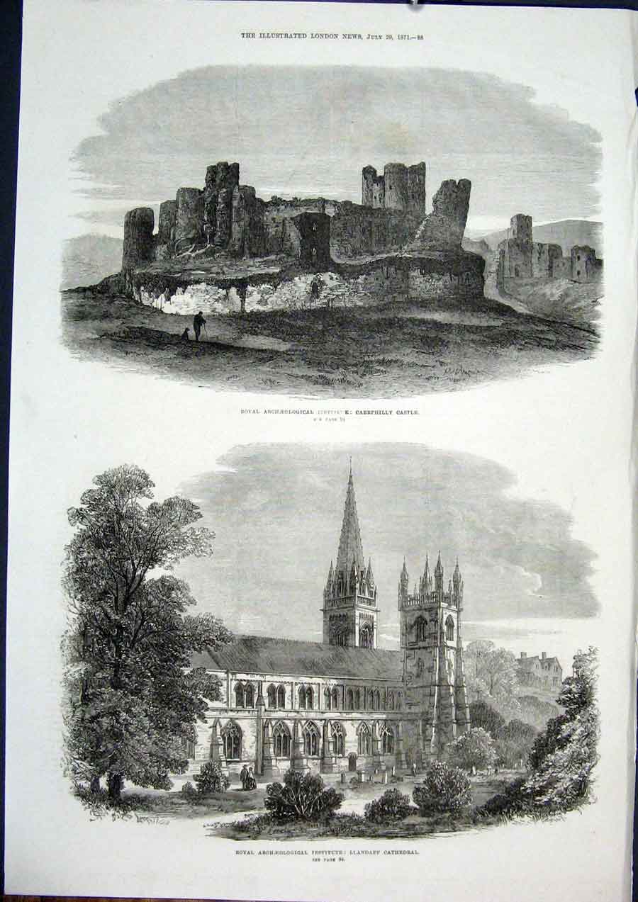 Original Old Antique Print Llandaff Cathedral Wales Caerphilly Castle Archeology