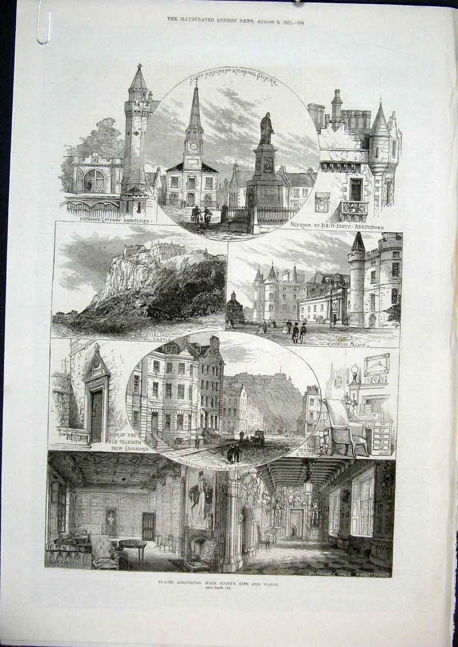 Old Antique Print Scott Abbotsford Holyrood Palace Statue Bust Chantrey