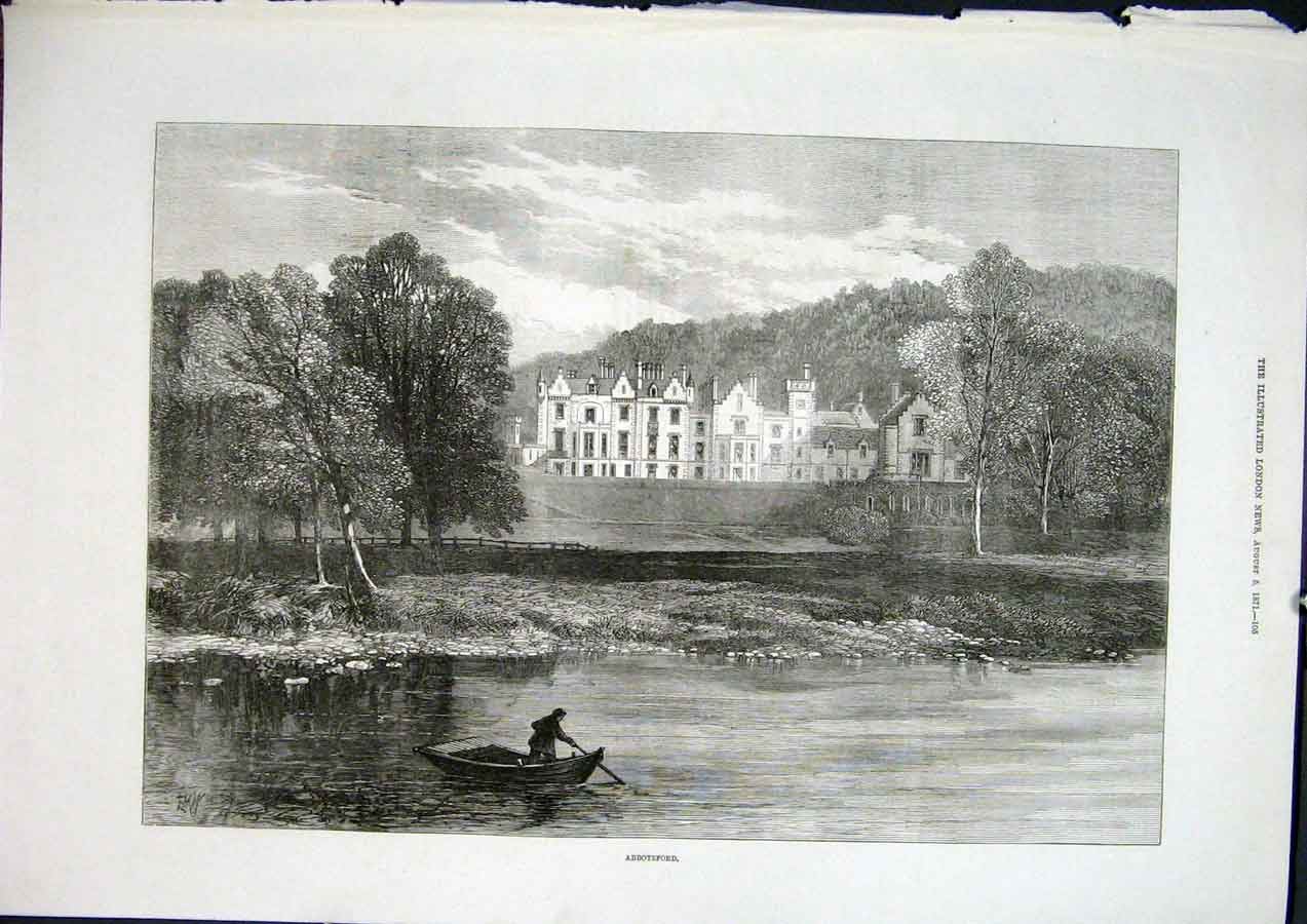 Original Old Antique Print Abbotsford Scotts Riverside Home Scotland 1871 19th