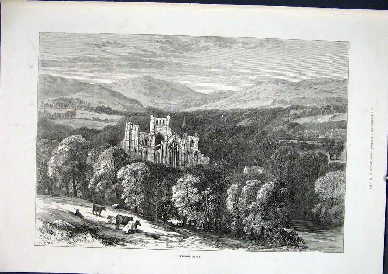 Original Old Antique Print Melrose Abbey Scotland Fine Art 1871 19th