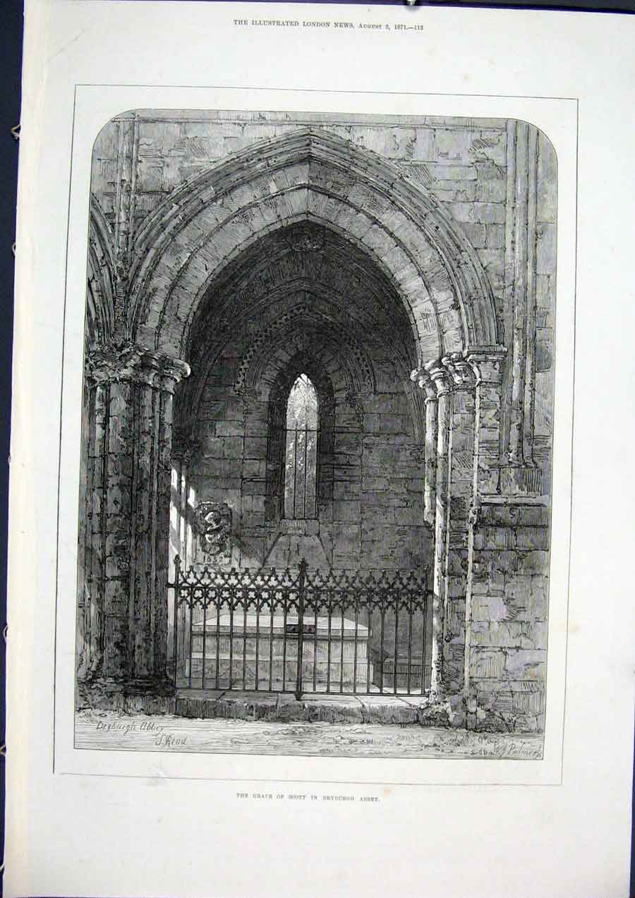 Original Old Antique Print Dryburgh Abbey Scott Grave 1871 19th