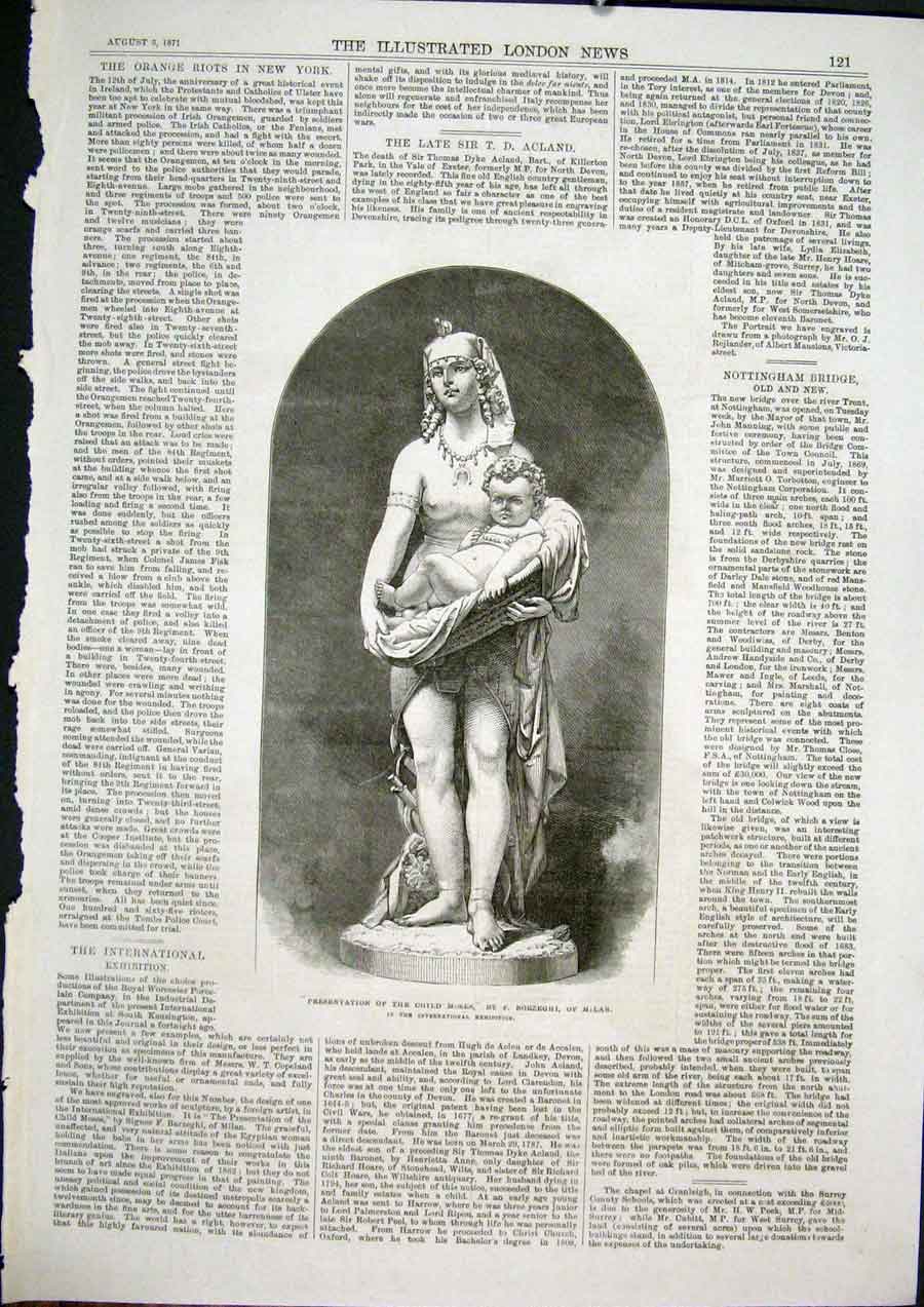 Original Old Antique Print Statue Child Moses Borzeghi Milan Italy Fine Art 1871