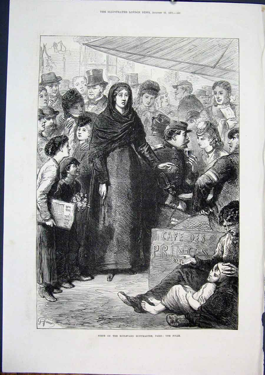 Original Old Antique Print Boulevard Montmartre Paris France Une Folle 1871 19th